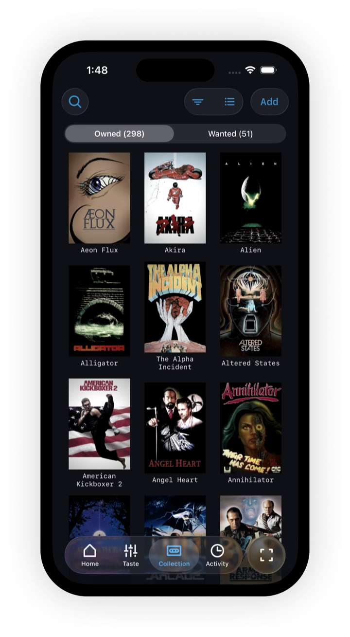 A Rewind collection library showing owned titles with posters