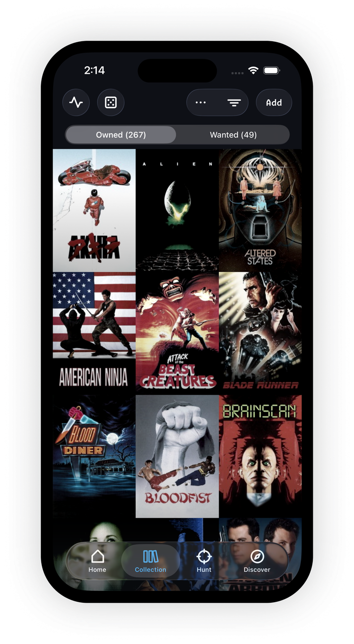 A Rewind collection grid showing 267 owned and 49 wanted titles