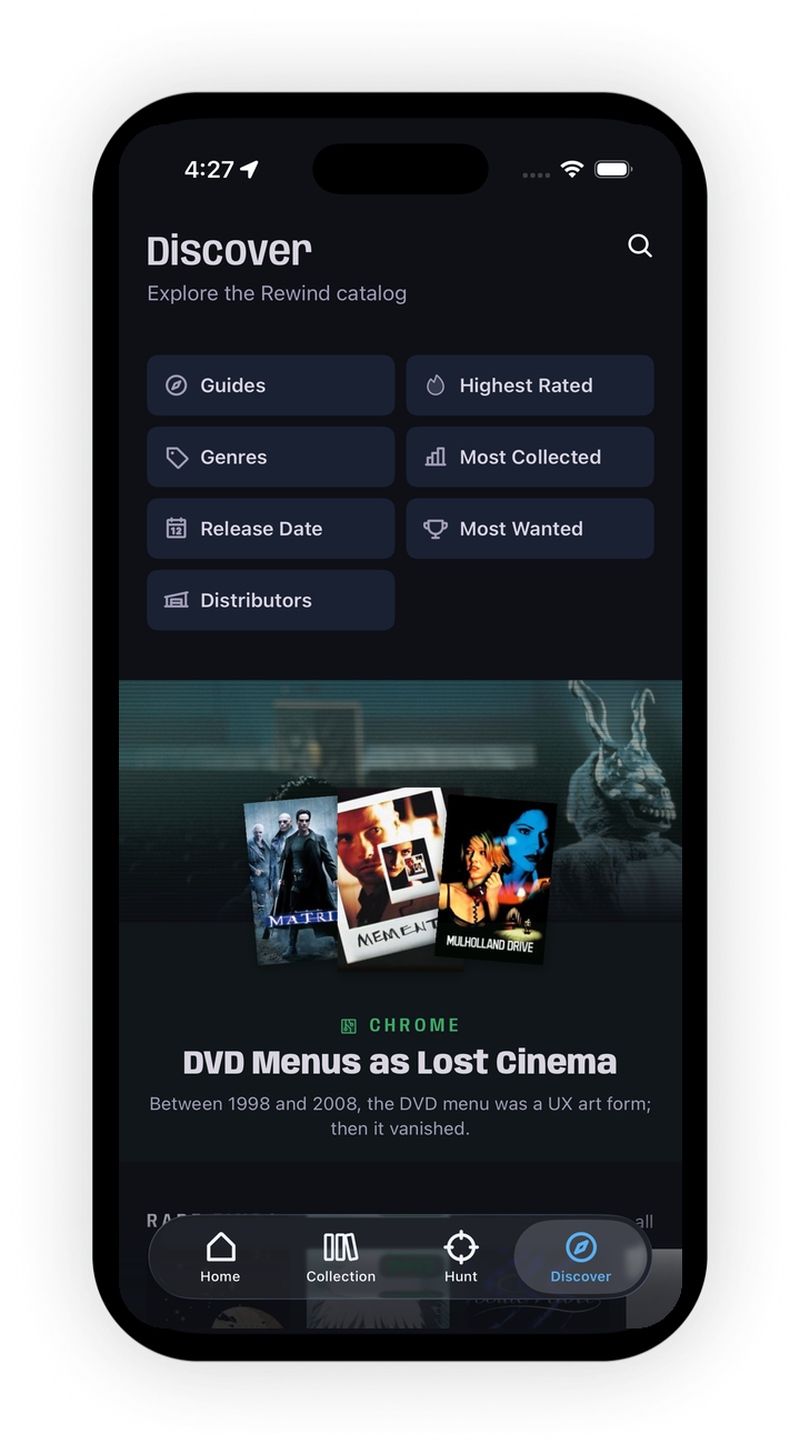 The Discover tab: browse by guides, genres, and distributors, with a reviewer guide called DVD Menus as Lost Cinema