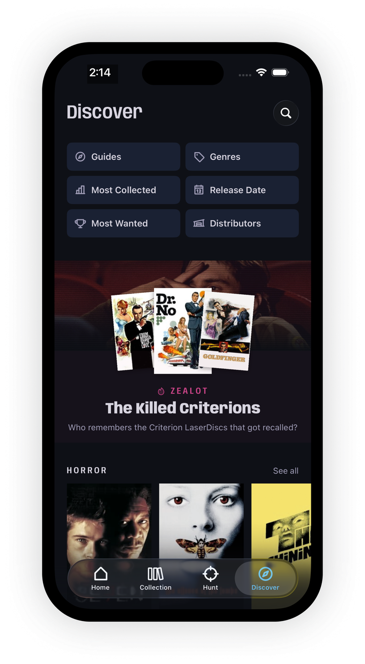 The Discover tab: browse by guides, genres, and distributors, with a Zealot guide called The Killed Criterions