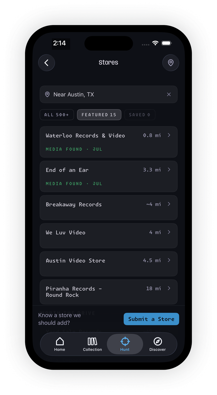 The Stores list near Austin, TX with record and video stores flagged MEDIA FOUND