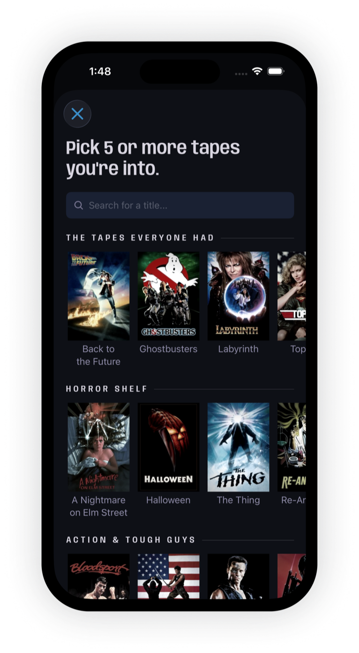 Profile builder showing a poster grid of VHS titles to pick from