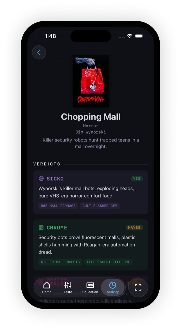 Chopping Mall reviewed by Sicko (YES) and Chrome (MAYBE) with different reasoning