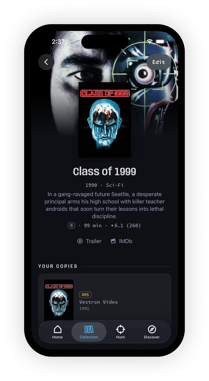 A title page for Class of 1999 showing your owned copy: VHS, Vestron Video, 1991